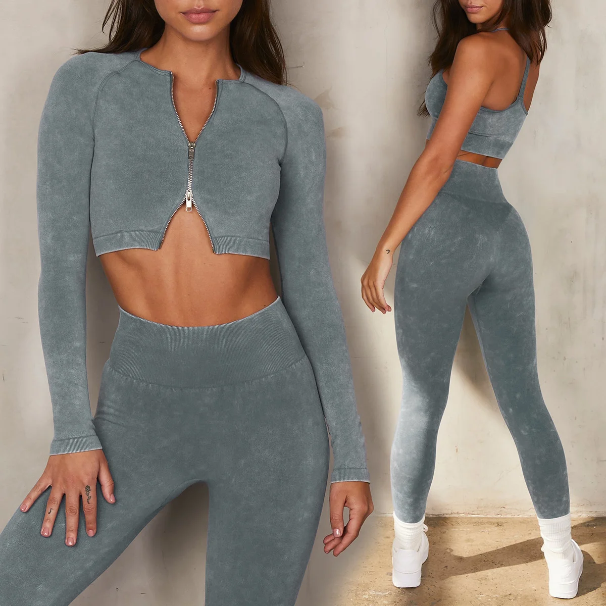 

Women's Yoga Pants Yoga Bra Yoga Top Sand Washed Imitation Denim Seamless Knit Double Zipper Long Sleeve Sports Fitness Suit