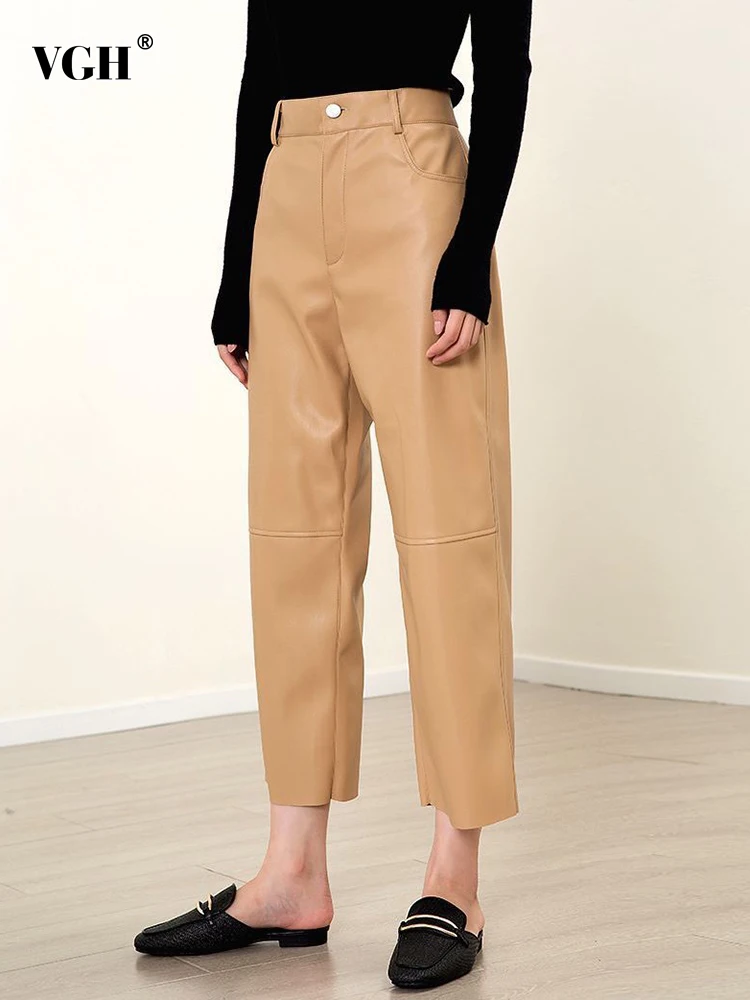 VGH Minimalist PU Leathers Trousers For Women High Waist Patchwork Button Casual Loose Wide Leg Pants Female Autumn Fashion New