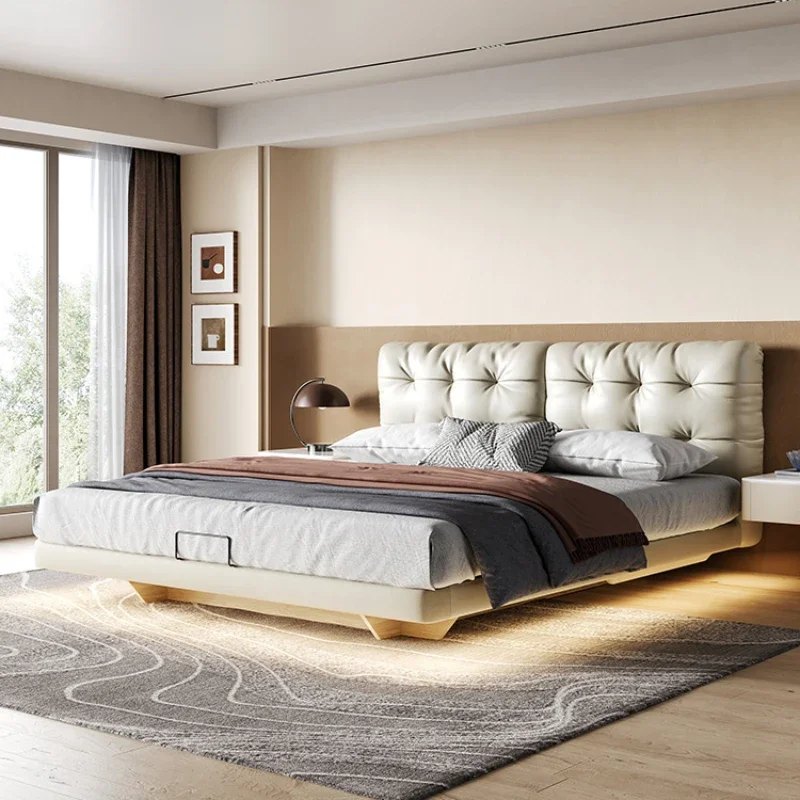 

Роскошная подвесная кровать светильник, современное простое комбинированное постельное белье, двойное, высота 1,8 м, коробка для хранения, кожаная кровать, крем