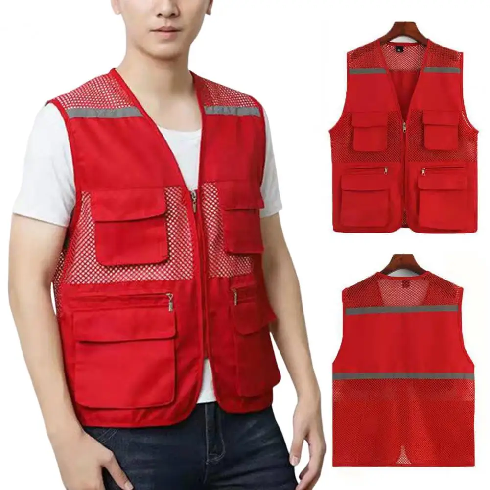 

Men Waistcoat Reflective Stripes Breathable Sleeveless Multi Pockets Zipper Mesh Lightweight Director Fishing Camping Vest