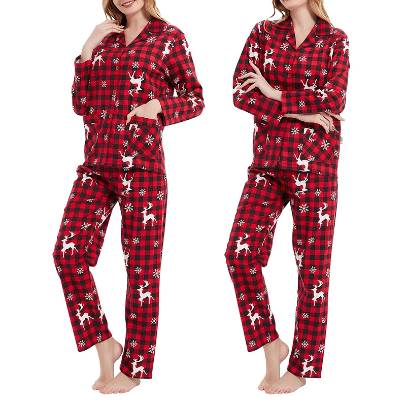 Женский Рождественский пижамный комплект из 2 предметов клетчатая рубашка с
