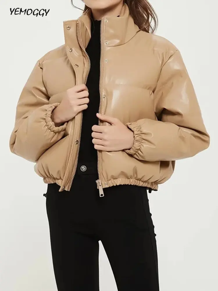 

Winter Fashion Solid PU Cotton Coats for Women Autumn Korean New Stand Collar Jacket Casual Cotton Down Coat Women Zipper Parkas