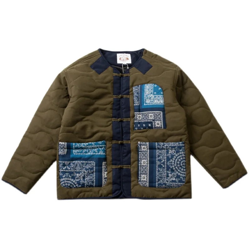 

Japanese Retro Cashew Flower Print Pocket Stitching Button Element Men's Cotton Padded Jacket Loose Green Collarless Coat
