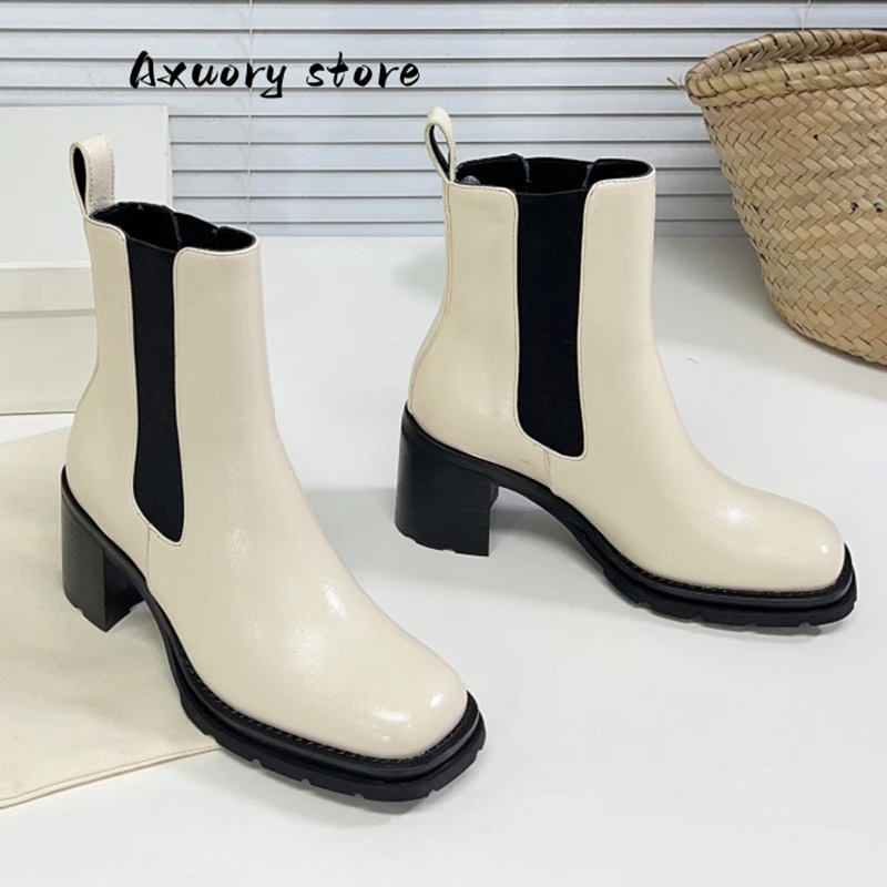 New Black Slip On Shoes Women Short Boots Fashion Winter Ankle Boots For Women Chelsea Boots Chunky Heel