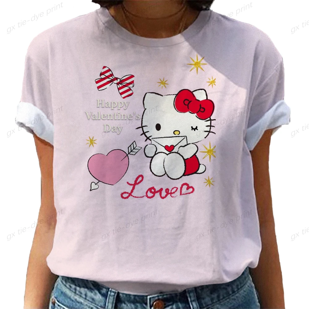 

Футболка женская с графическим принтом Hello Kitty, милая модная повседневная одежда с коротким рукавом, летний топ с принтом