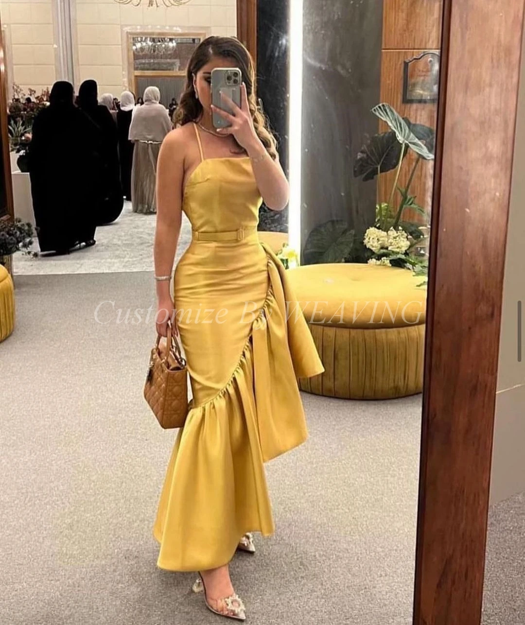 

Yellow Satin Long Prom Dresses Mermaid Strapless Ankle Length Saudi Arabic Women Prom Gowns Formal Party Dress