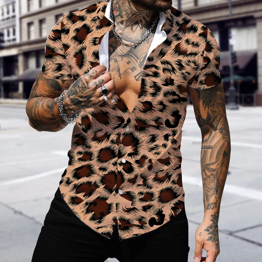 

Мужская летняя рубашка из полиэстера с коротким рукавом, Повседневная Гавайская пляжная Мужская футболка с принтом, футболка с отложным во...
