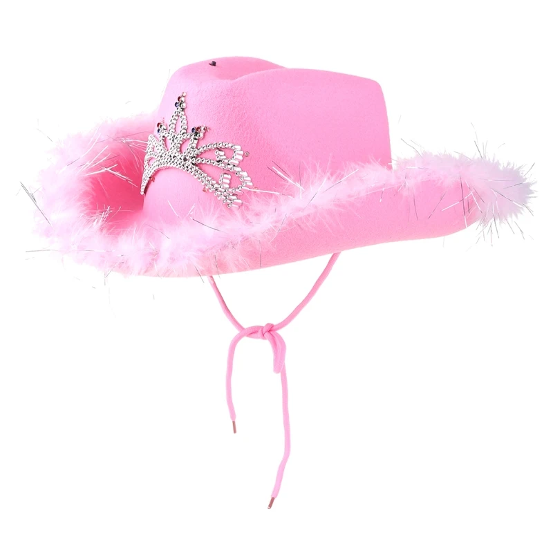 

Pink Cowgirl Hats for Women Cow Girl Hats with Tiara Neck Draw String Felt Cowboy Costume Accessories Party Hat