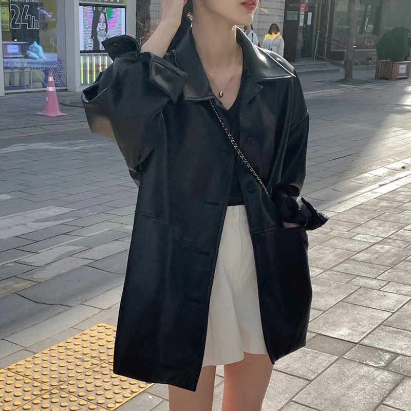 Black Faux Leather Shirt Jacket Women Spring Autumn 2023 New Fashion Single Breasted Casual Loose All-match Leather Coats jacken