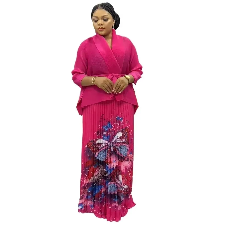 Miyake Pleated Women's Suit 2024 New Fashion Long Sleeve Lace Up Top + Printed Big Swing Skirt Two Piece