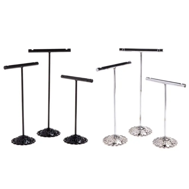 652F 3Pcs Alloy Earrings Display T-Shape Stand Showcase Jewelry  Holder Silver Black for Closet Retail Store Display