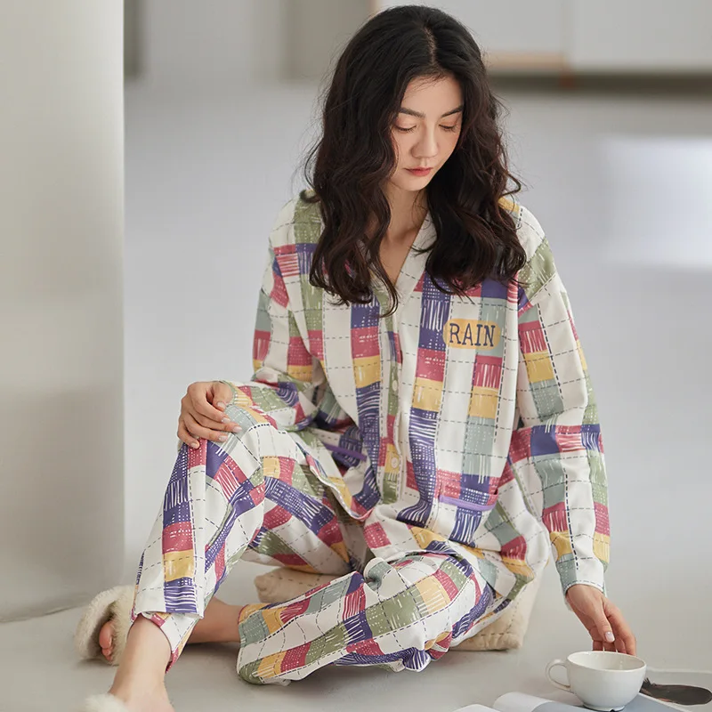 New Cotton Women'S Pajamas Long-Sleeved Plaid Print Pajamas Style Temperament Cardigan Outerwear Home Service