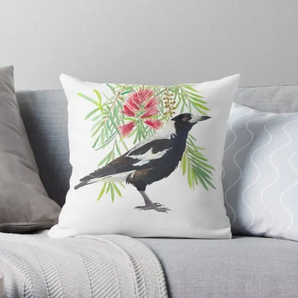 Australian Magpie And Bottlebrush Tree B  Printing Throw Pillow