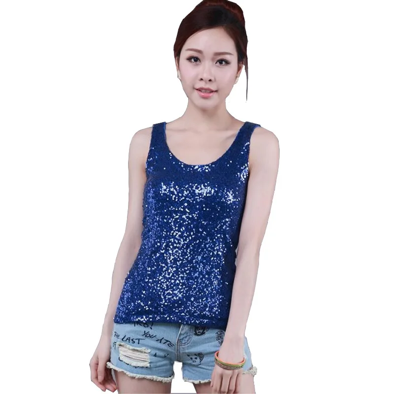 

2022 New Women Sequined Spaghetti Camisole Tank Tops Summer Clubwear Tops Sexy Round Neck Sequin Camis Lady Vest Tops Blue