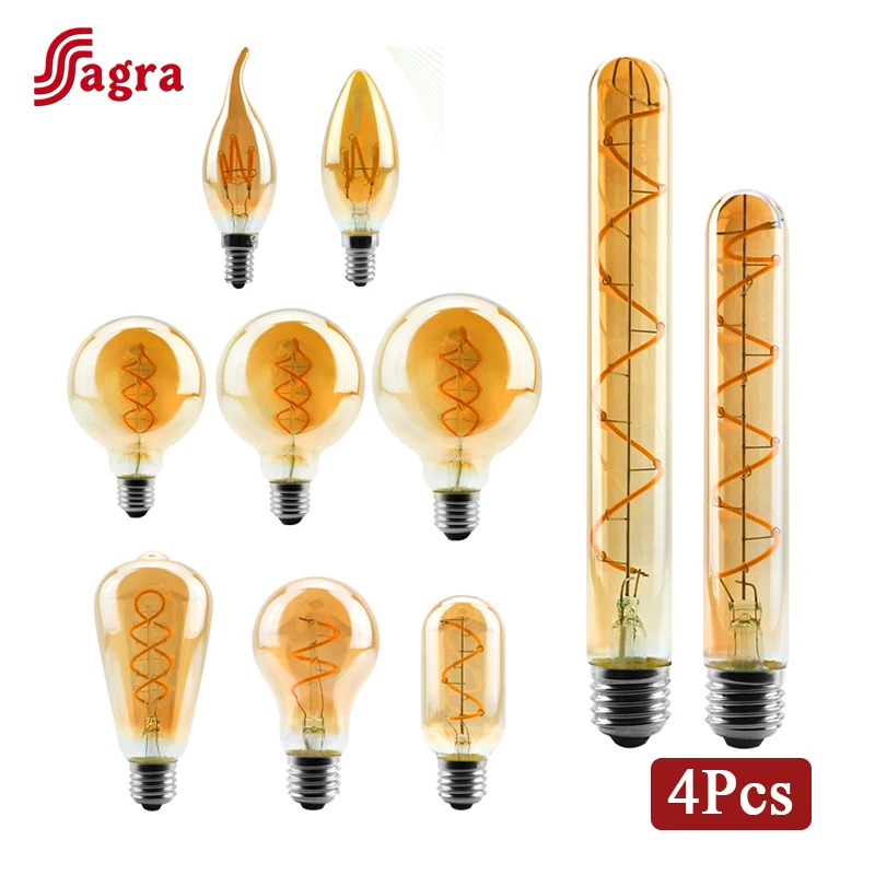 4pcs/lot E27 E14 LED Bulb AC 220V Vintage Spiral LED Filament Light Bulb C35 A60 T45 ST64 T185 T225 G80 G95 G125 4W Edison Lamp