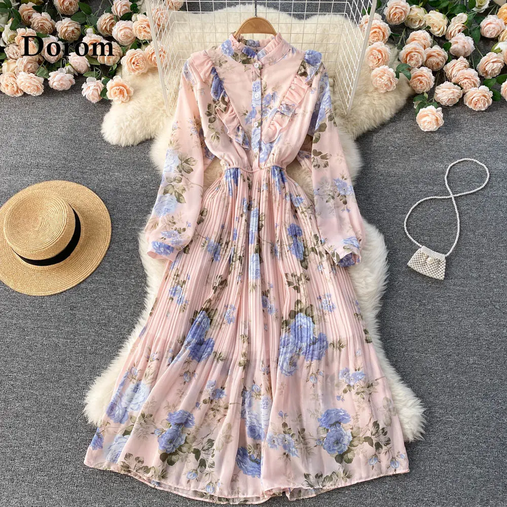 

Женское длинное шифоновое платье, элегантное винтажное платье с оборками и цветочным принтом, офисное платье с воротником-стойкой и длинным рукавом в Корейском стиле на весну