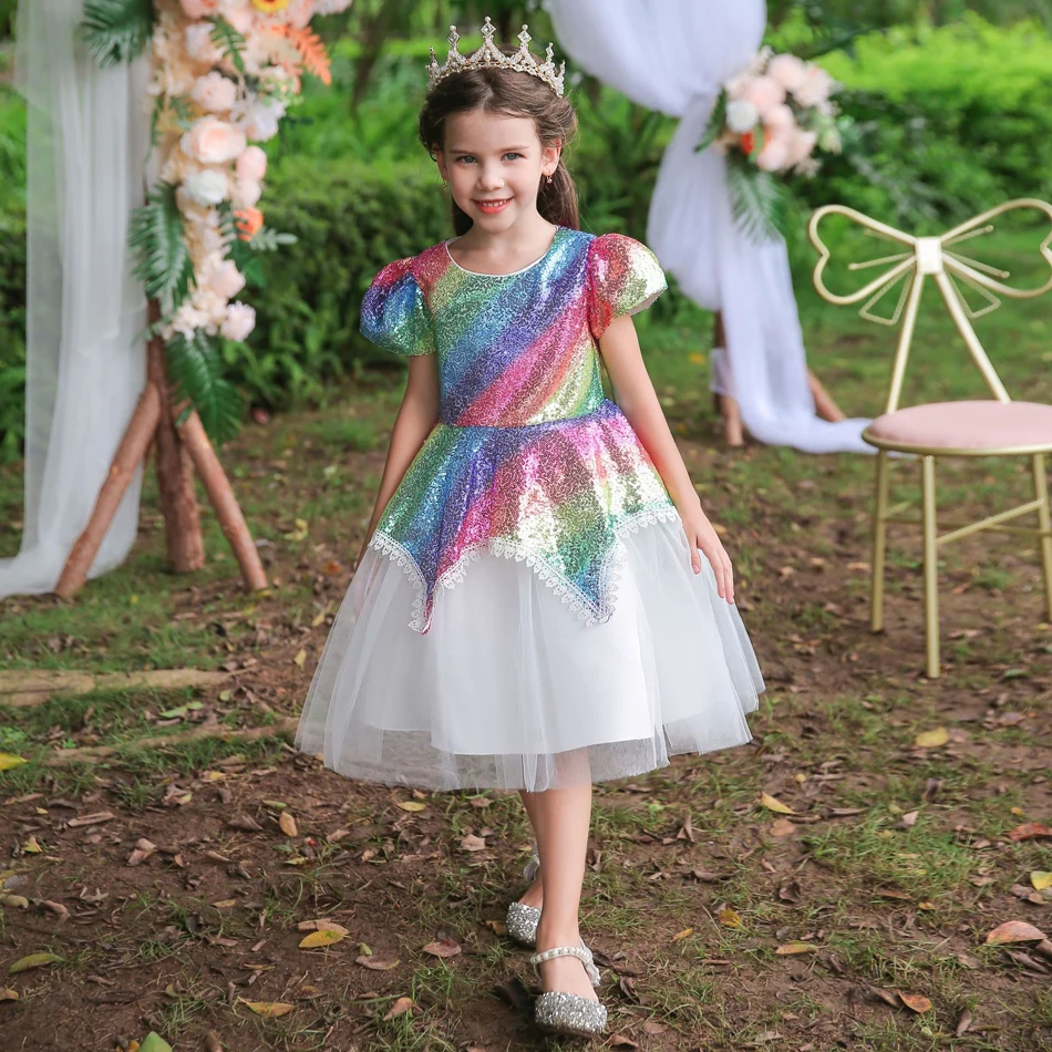 

Sequin Kids Princess Dresses for Girls Ruffles Wedding Evening Gown Elegant Baby Girl Birthday Party Children Clothing 3-10Y