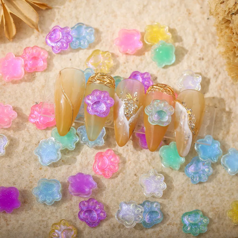 

50Pcs/Lot New Nail Art Accessories Cute Colorful Transparent/Glitter Cat Paw For Nail Decorations DIY 3D Resin Manicure Charms