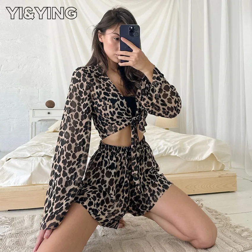 

[YI&YING] 2023 Autumn New Printed Leopard Print Long Sleeved Shorts and Nightwear Two Piece Women's Home Furnishing WAZC524
