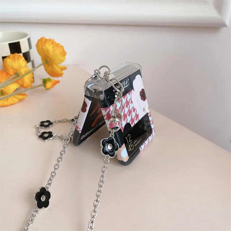 

Flower Houndstooth Chains Phone Case for Samsung Galaxy Z Flip 3 Z Flip 4 Hard PC Back Cover for ZFlip3 ZFlip4 Case Shell