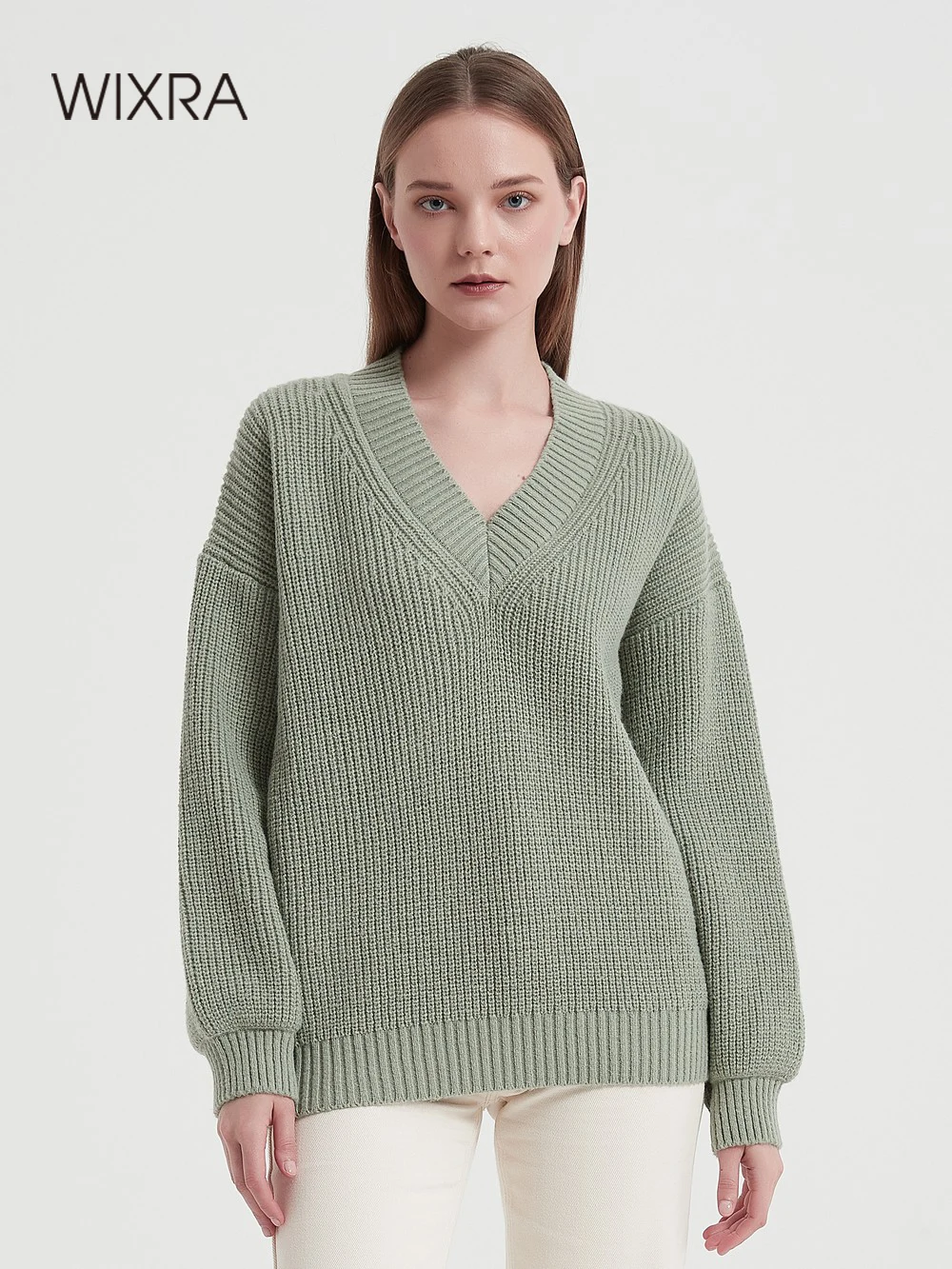 

Wixra Women Basic V Neck Sweater Warm Thick Loose Pullovers Solid Jumper Hot Casual Top New Autumn Winter