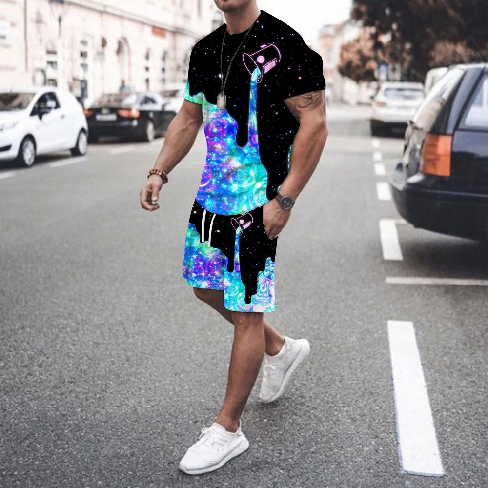 New Summer Fashion Men's 2 Piece Set Tracksuits Casual Short Sleeves Maple Leaf 3D Print T-shirt+shorts Pants Suits Male Clothes