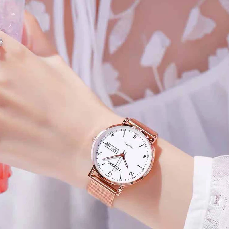 Fashion Women Watches Simple Rose Gold Mesh Belt Magnetic Quartz Wrist Watch Luxury Ladies Business Casual Watch