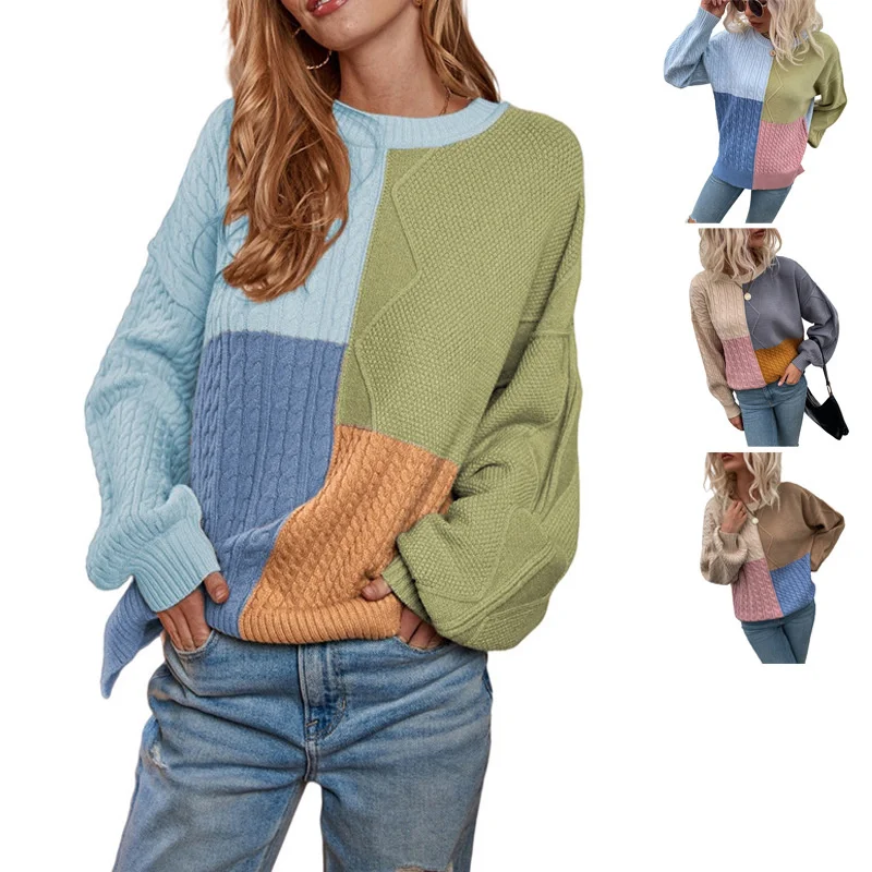 

Sweater women's autumn and winter 2021 new block splicing Lantern Sleeve fried dough twist contrast color sweater