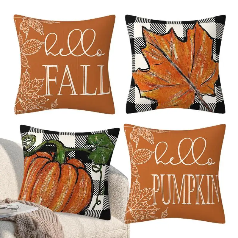 

Осенние наволочки, 4 шт., Набор наволочек из льняной ткани с кленовыми листьями на День Благодарения, наволочки с тыквой на невидимой молнии