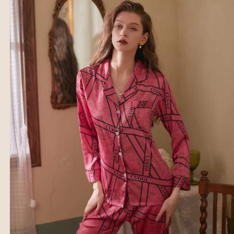 Roseheart Red Green Women's Sleep Nightwear Suits Pajama Sets Sleepwear Printed Suits Faux Silk Plus Size Nightgown 2 Pieces