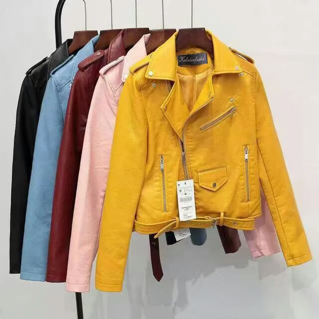 

Spring Autumn Women Faux Leather Jacket Ladies Solid With Belt Zipper Biker Coat Female Casual Outwear For Ladies V38