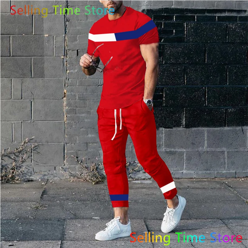 2023 New Men’s Clothes Tracksuit Set 2 Piece Jogging Suit 3D Print Stripe Summer Fashion Sports Outfits Short T-Shirt+Pants