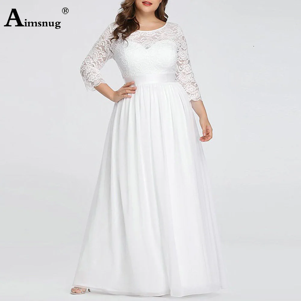 

Large Big 5xl Women Elegant Maxi Dress Ladies Three Quarter Sleeve Patchwork Lace Dresses Long Elastic Waist A-line Party Dress