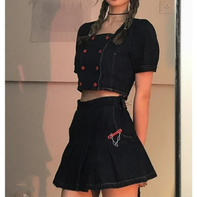 

Женский винтажный костюм из двух предметов, двубортный топ с квадратным воротником и пышными рукавами и приталенная плиссированная юбка с высокой талией в стиле преппи, Y2k