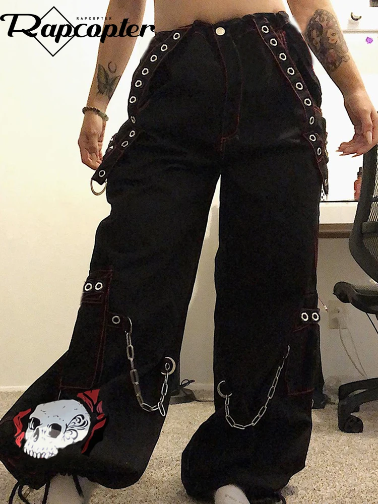 

Rapcopter Skull Bandage Cargo Pants Grunge Goth Black Trousers Women Ruched Baggy Sweatpants Punk Low Waisted Joggers Korean 90s