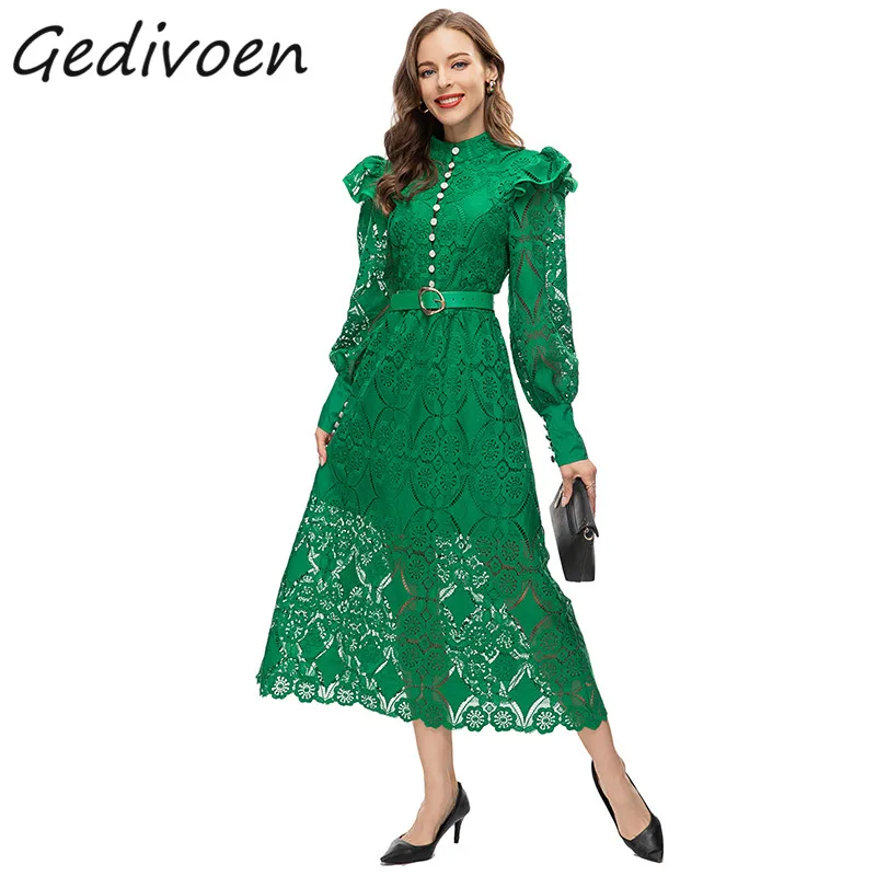 Gedivoen Summer Fashion Runway Vintage Dress Women's Stand Collar Button Embroidery Hollow High Waist Frenulum Green Long Dress