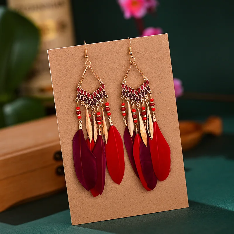 

Colorful Fan-shaped Tassel Feather Earrings Bohemian Retro Rice Beads Long Dangle Earrings for Women Wedding Fashion Jewelry
