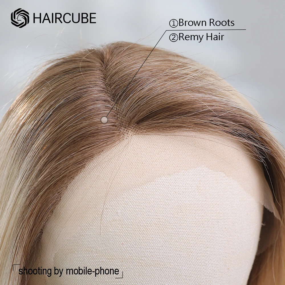 HAIRCUBE Ombre Brown Platinum Blonde Bob Human Hair Lace Front Wig Side Part Medium Long Lob Straight Remy Hair Wigs for Women