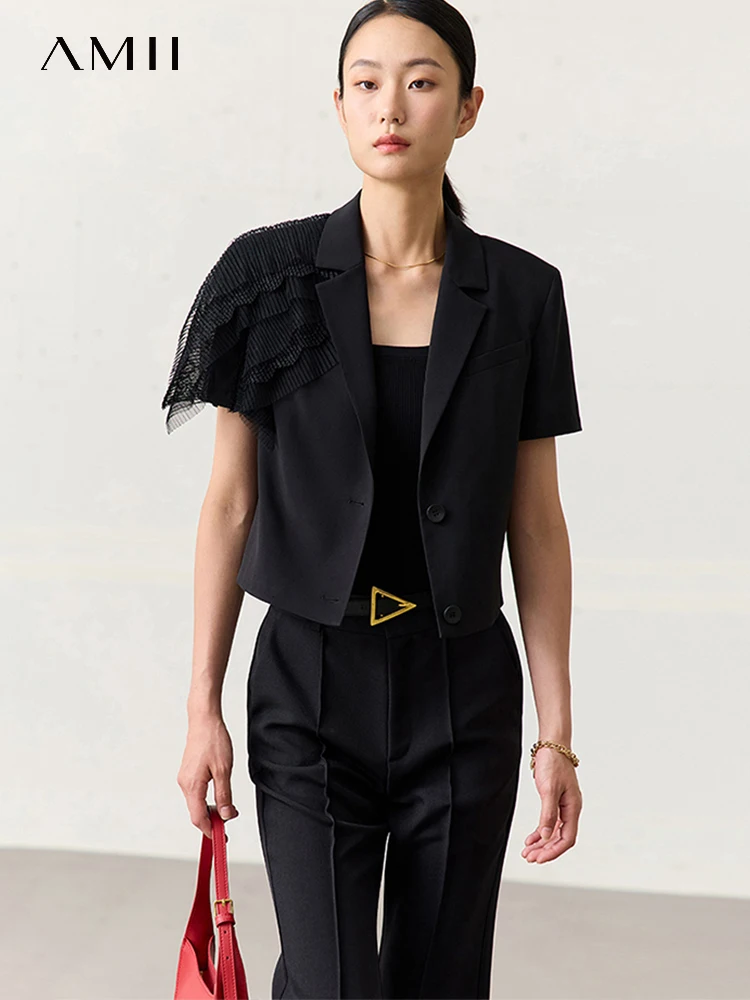 AMII Minimalism Blazer for Women 2023 Summer New New In Outerwears Lace Versatile Loose Short Sleeves Woman Clothing 12342361