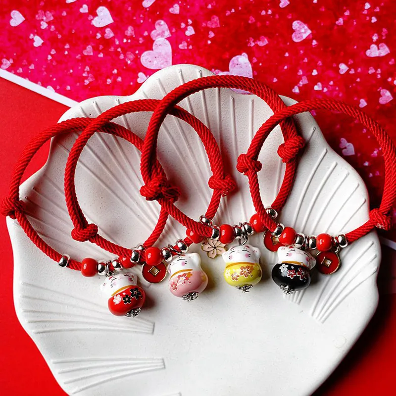Handmade Colorful Rope Lucky Cat Bracelet For Women Girls Birthday Gifts Charm Tassel Fashion Maneki Neko Couple Bangles