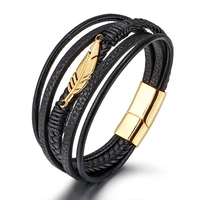fashion stainless steel feather bracelet for men multilayer leather woven titanium steel magnetic buckle bracelet bangle jewelry