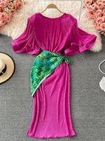 Summer Women Purple/Green/White Pleated Bodycon Dress Female Vintage Round Neck Ruffle Sleeve High Waist Patchwork Slim Vestidos