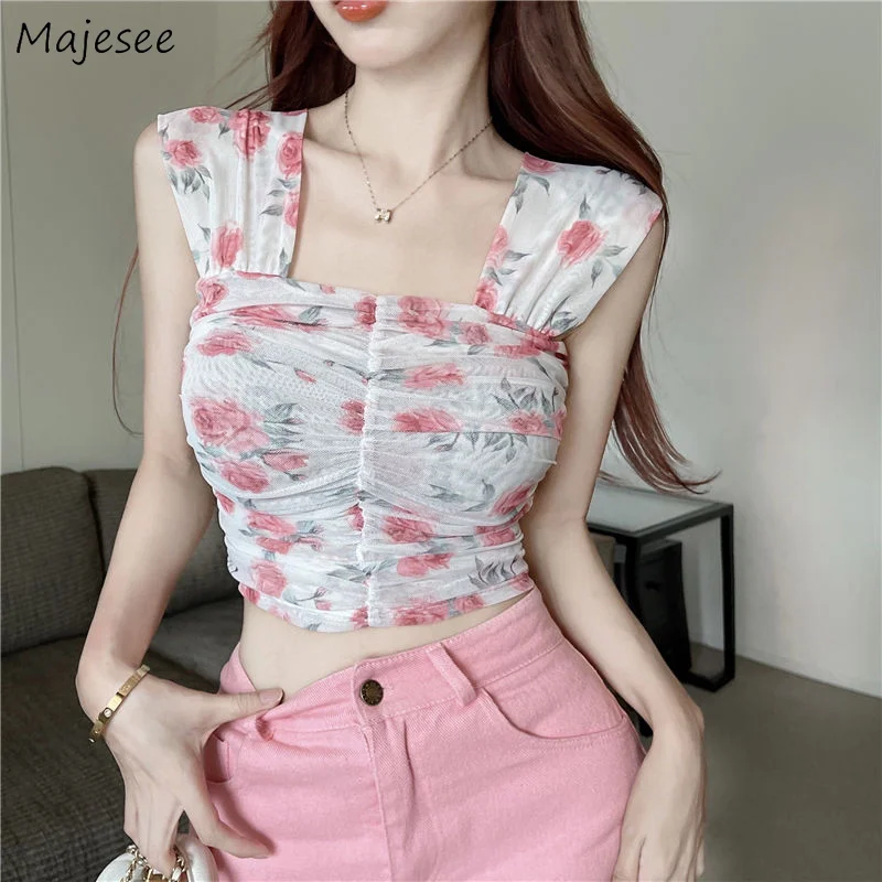 

Sleeveless Blouses Women Floral Summer Fashion Slim Hotsweet Crop Tops Vintage Folds Korean Style Casual Streetwear Chic Popular