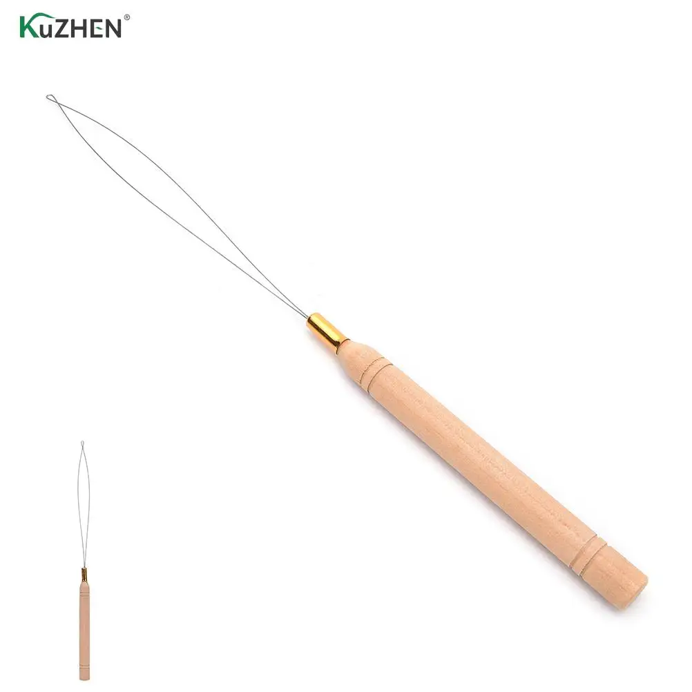 

1Pcs Hair Extension Hook Pulling Tool Needle Threader Micro Rings Beads Loop Wooden Handle
