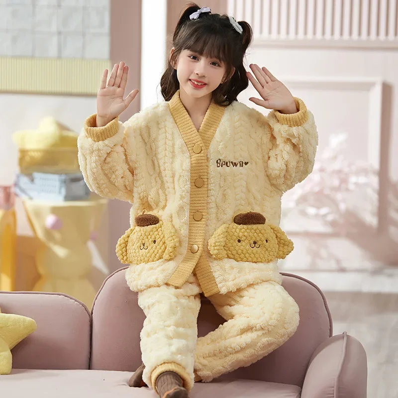 Sanrios зимний пижамный костюм для девочек Kawaii Kuromi Hello Kitty подростковый домашняя