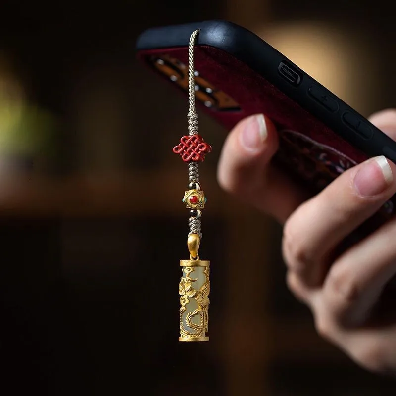 

Dragon and Phoenix Chengxiang mobile pendant high-end s925 silver ancient gold inlaid with Hotan Jade mobile chain for lovers