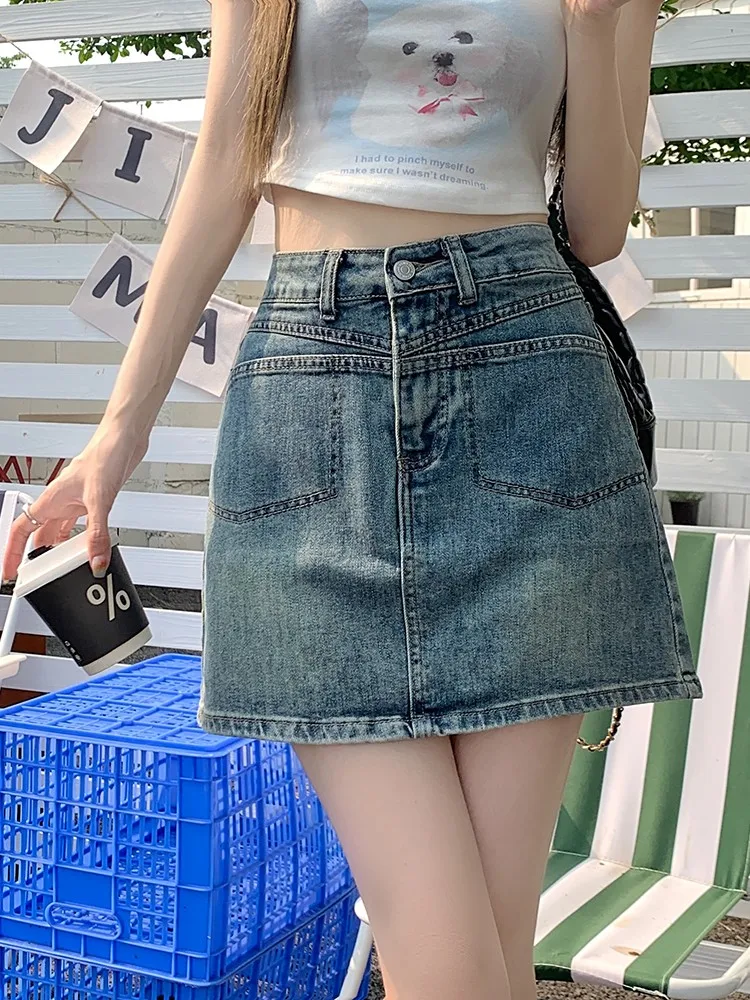 

S-XL A line denim skirt for women 2023 summer American style Vintage high waist Mini denim jeans skirts womens (L60055