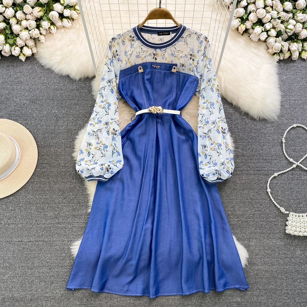 

Spring Senior Sense Light Luxury Temperament Long-sleeved Round Neck Chiffon Splicing Denim Waist Slimming Large Swing Dress