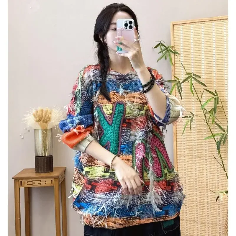 Женский свитер с бахромой Dimanaf свободный трикотажный пуловер цветочным принтом