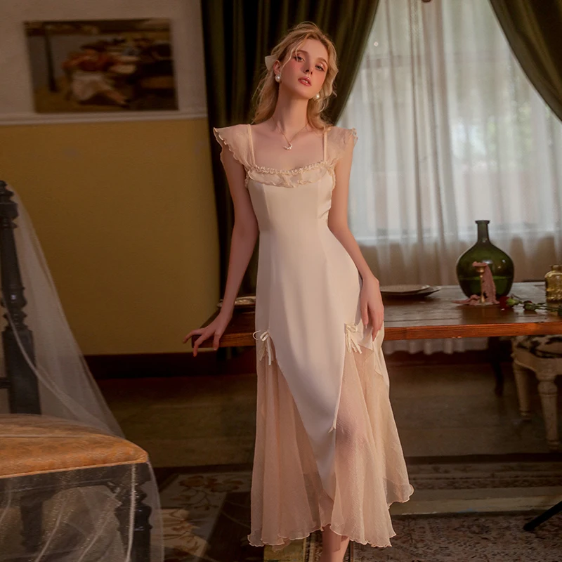 Nightdress New Spring Autumn Women Elegant Holiday Dresses Puff Sleeve Slash Neck Off Shoulder Smocked Apricot color Dresses